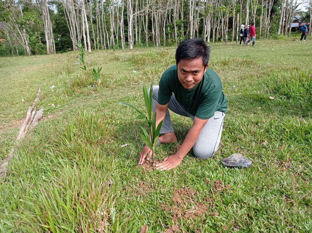 Penanaman Pohon Pinang di Lapangan Desa Bumi Jaya